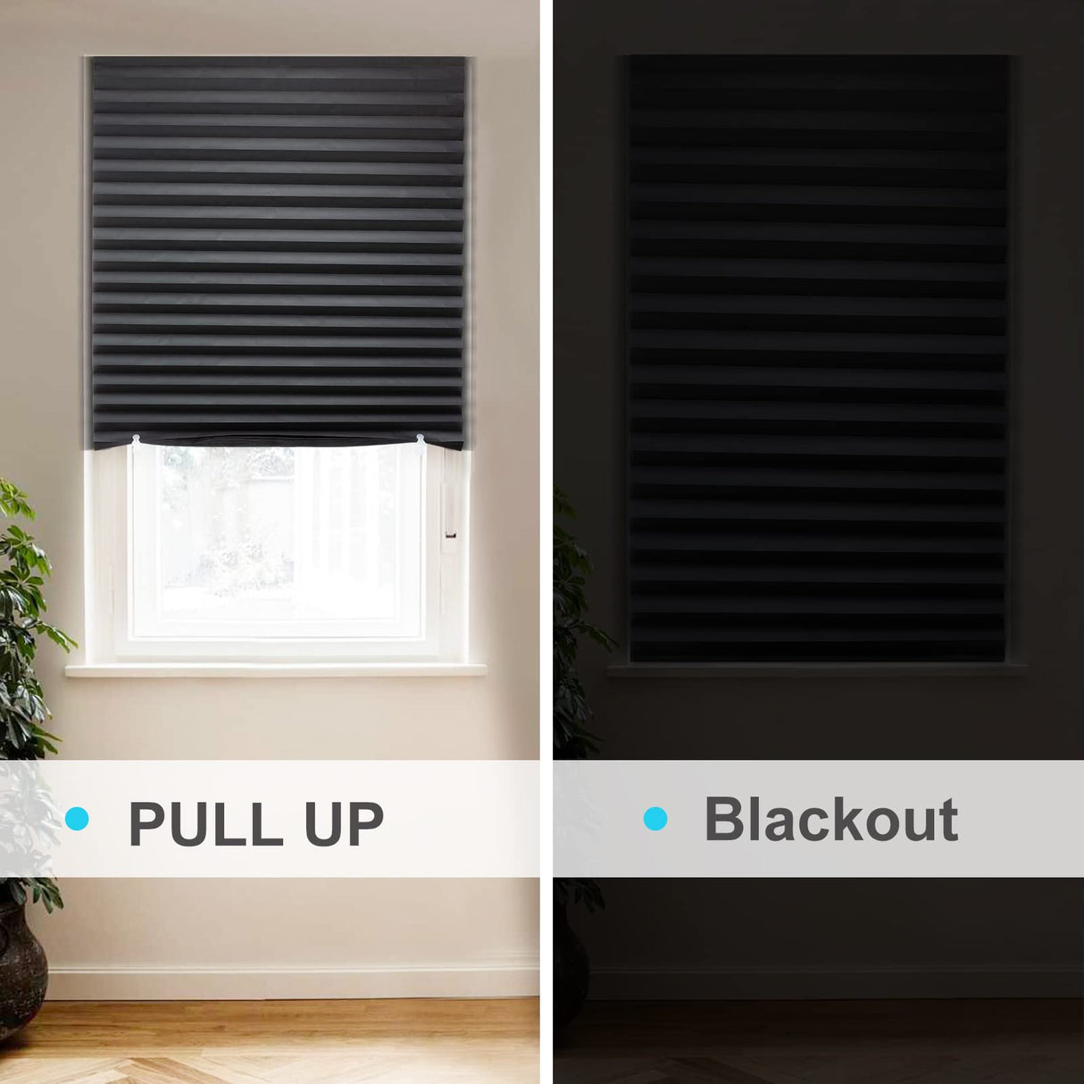 MYshade 6 Pack Temporary Blackout Paper Shades for Windows,Paper Pleated Blinds with Adhesive,No Tools No Drilling Free Cut Size Temporary Room Darkening Shades(Black, 36" W x 72" H) MYshade
