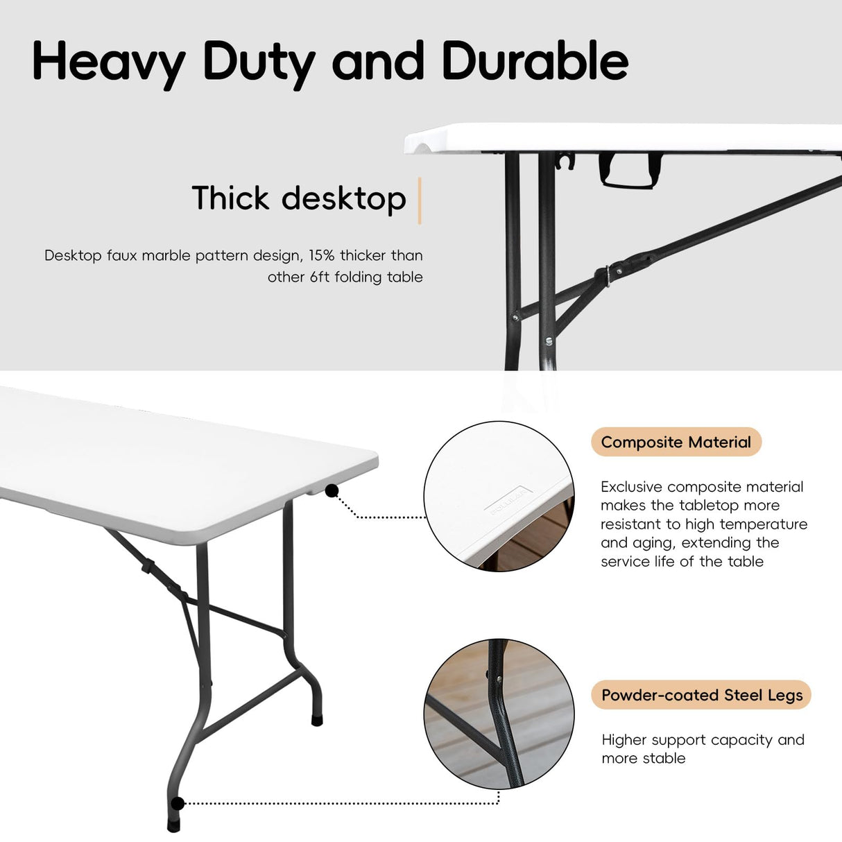 6FT Folding Table HDPE Foldable Desk Banquet Surface Fold-in-Half Utility for Working Meeting Parties, Picnic, Camping, Weddings, Catering, Garden Dining-White pollilar