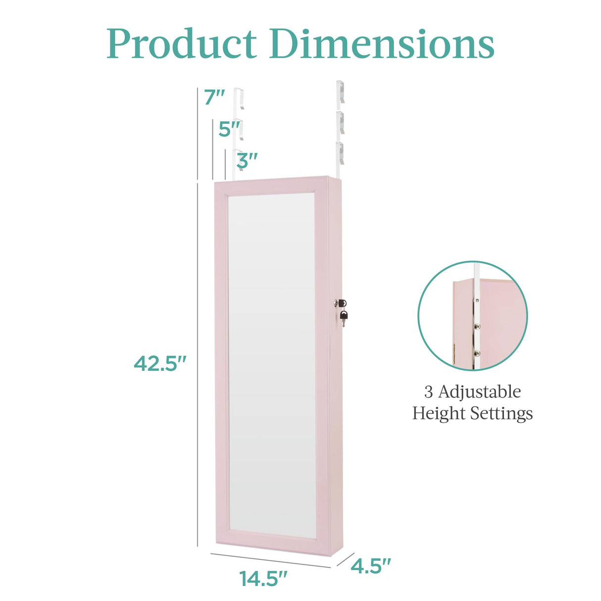 Best Choice Products LED Mirror Jewelry Cabinet, Tall Lockable Wall or Door Mounted Jewelry Armoire Organizer with Mirror, 2 Drawers, Lock, Cosmetic Tray, Shelves - Dusty Pink Best Choice Products