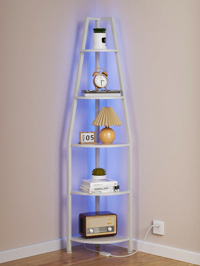 Furnulem 5 Tier Corner Shelf with LED Light, 67.2” Tall Standing Shelf for Wall Corner, Narrow Bookshelf Ladder Shelf for Bedroom, Living Room, Plant, Wood Storage Rack, Metal Frame (White)