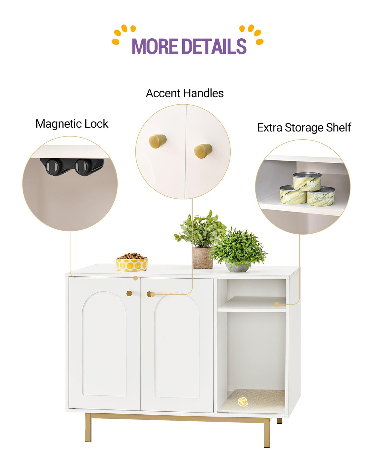 Hzuaneri Cat Litter Box Enclosure, Hidden Litter Box Furniture, Wooden Pet House Side End Table, Storage Cabinet Bench for Living Room, Bedroom, 31.5 x 19.7 x 23.9 inches, White and Gold 01503GCLB Hzuaneri