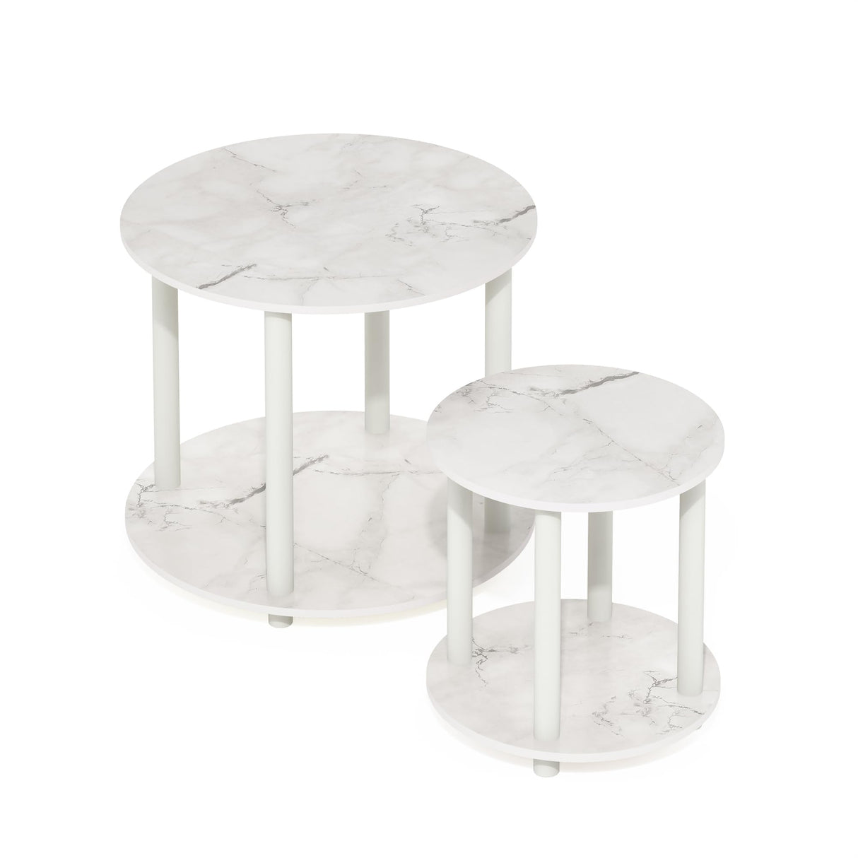 Furinno Turn-N-Tube Simple Design 2-Tier Round Wooden Small Coffee Table, Marble White Furinno