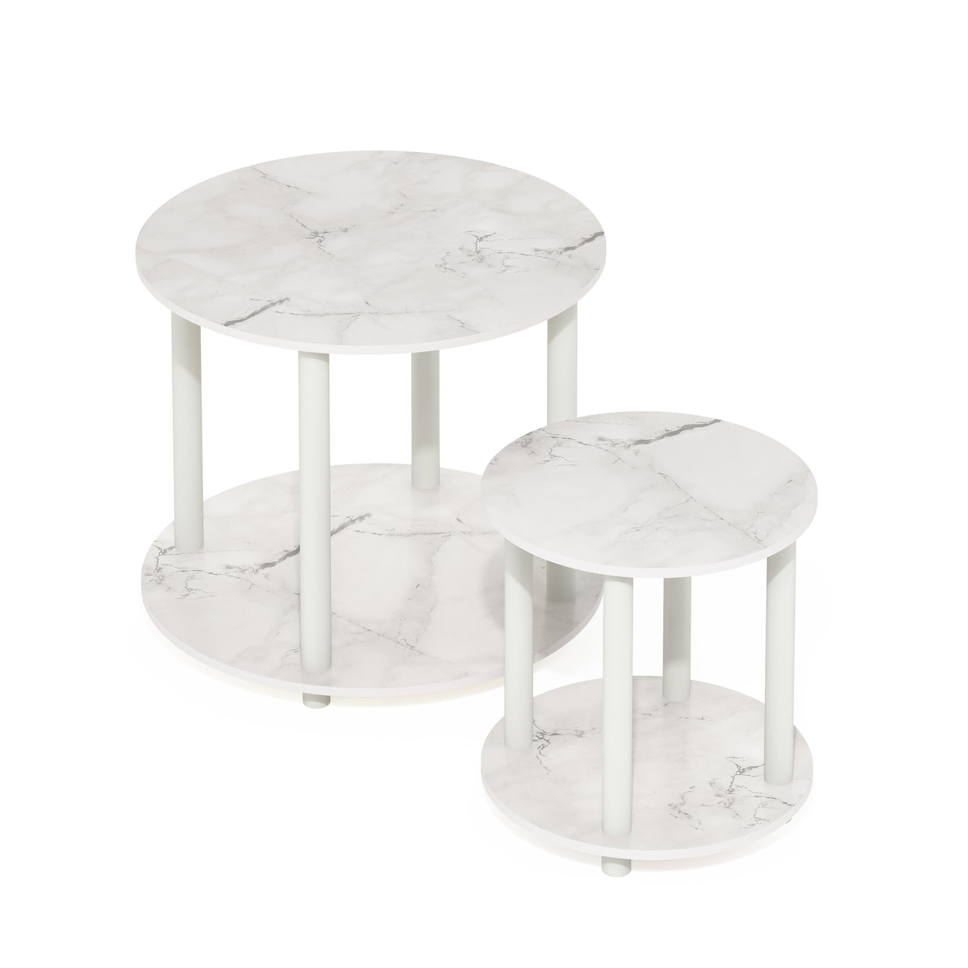 Furinno Turn-N-Tube Simple Design 2-Tier Round Wooden Small Coffee Table, Marble White - WoodArtSupply