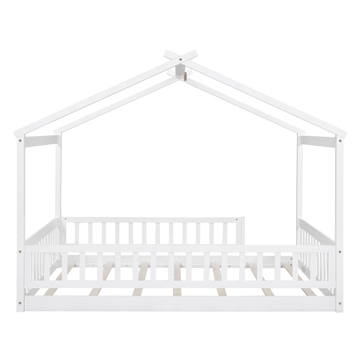 House Bed Full Size Floor Bed with Fence Railings, Wooden Montessori Style Bed Frame for Kids, Fun Playhouse Beds for Girls Boys, White Bellemave