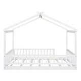 House Bed Full Size Floor Bed with Fence Railings, Wooden Montessori Style Bed Frame for Kids, Fun Playhouse Beds for Girls Boys, White Bellemave