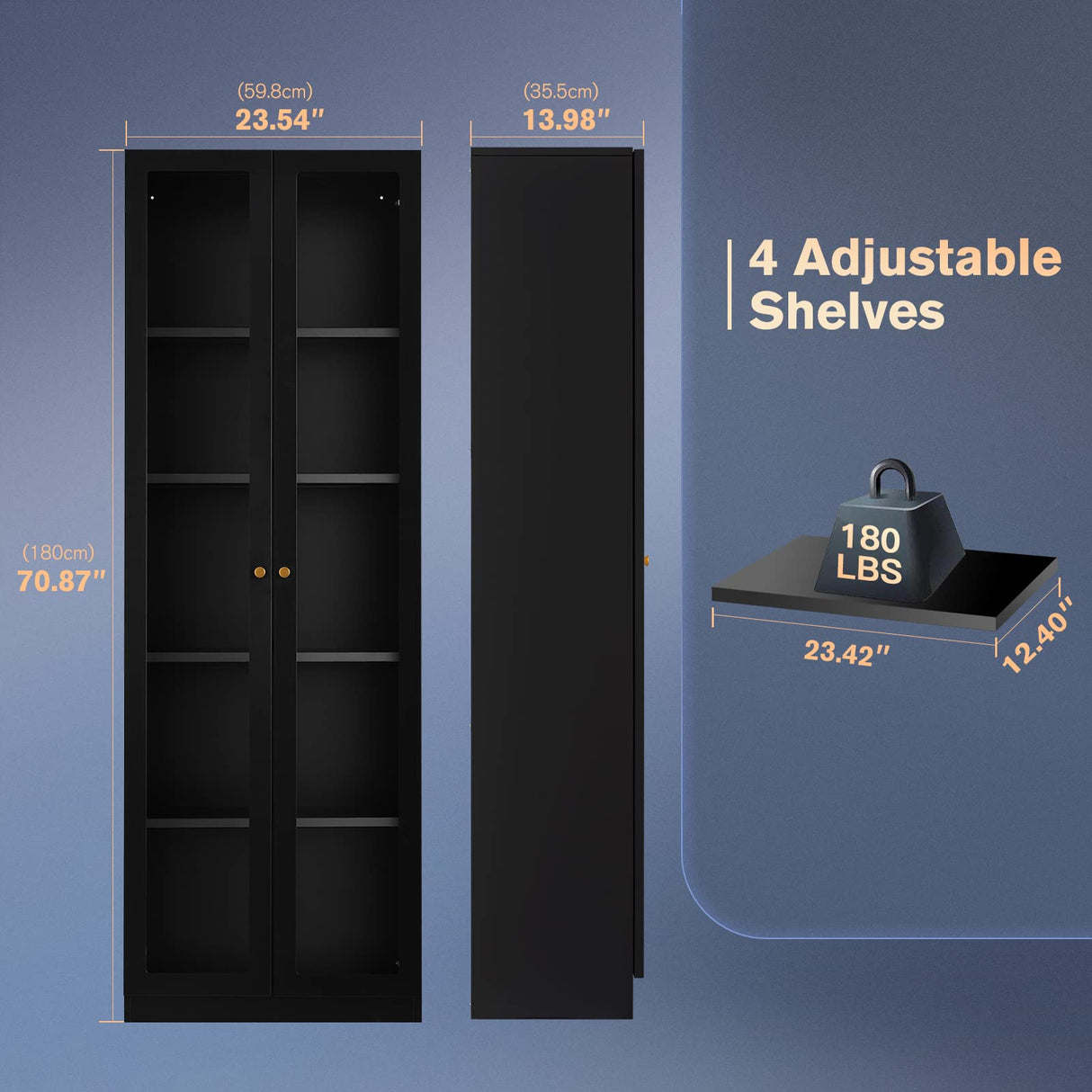 Alvisyd 5 Tier Metal Curio Cabinets, Modern Bookshelf Cabinet with 4 Adjustable Shelves, Cabinet Display Case for Home Office, Living Room, Pantry (Black) Alvisyd