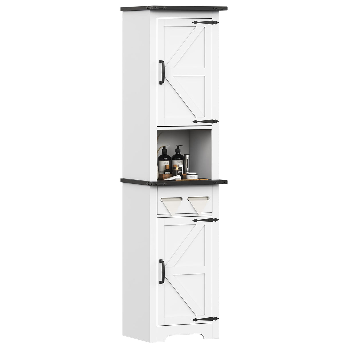 Kepptory Tall Farmhouse Storage Cabinet with Adjustable Shelves and Paper Holders for Bathroom, Living Room, and Kitchen kepptory