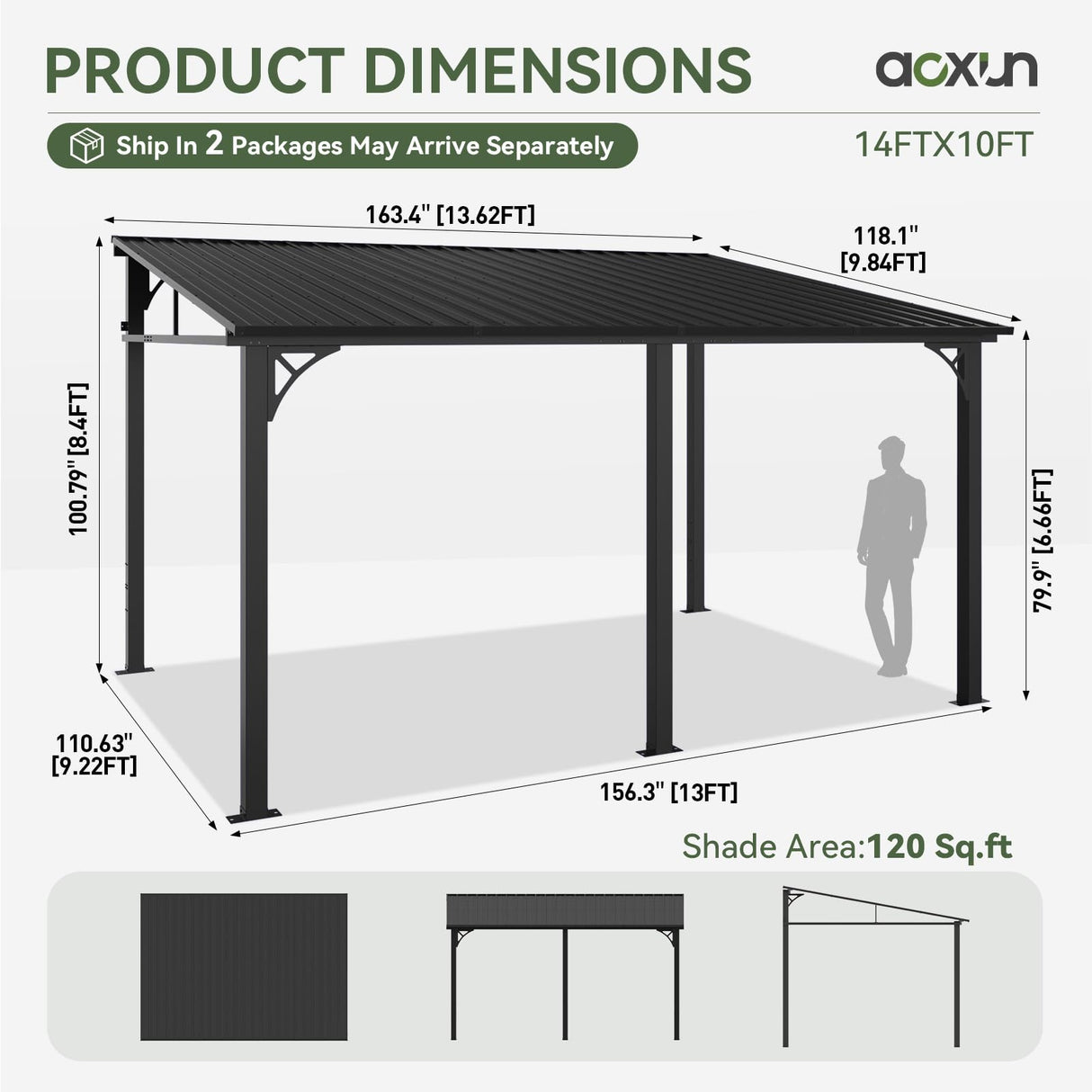 Aoxun 10' x 14' Lean to Gazebo, Upgraded Hardtop Outdoor Pergola with Sloping Galvanized Steel Roof, Large Wall-Mounted Heavy Duty Awnings for Patio, Backyard, Deck, Porch (Black) Aoxun
