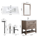 wonline 32" Bathroom Vanity and Sink Combo Cabinet Undermount Ceramic Vessel Sink Chrome Faucet Drain with Mirror and Shelf Vanities Set Wood Color wonline