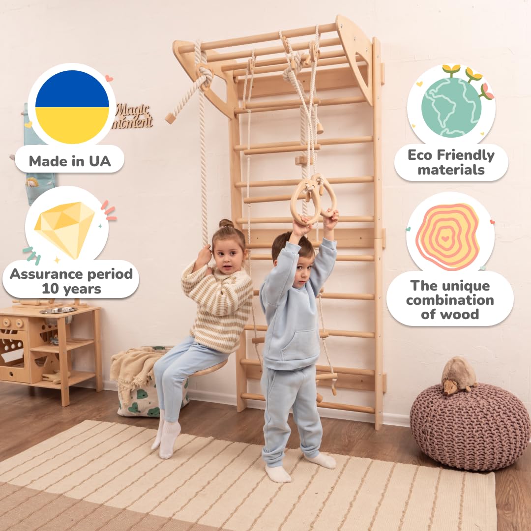 Woodandhearts Swedish Ladder for Kids with Rope Accessories - Indoor Jungle Gym, Indoor Jungle Gym for Kids Ages 6-16, Indoor Climbing Gym, Climbing Wall for Kids (Natural Wood, All Accessories)