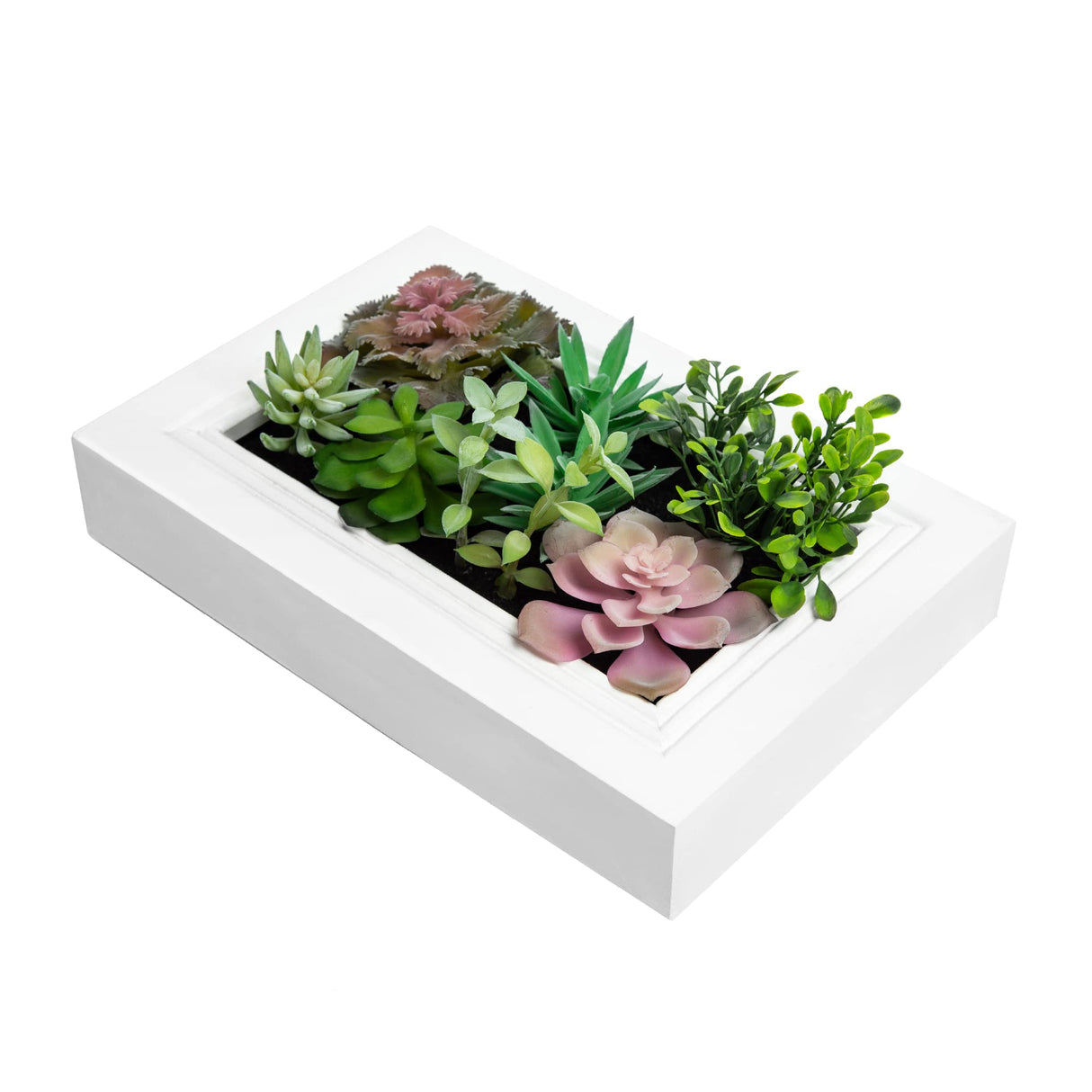 Nattol 3D Artificial Succulent Wall Art, Wood Frame with Realistic Faux Plant, Wall Hanging Botanical Decoration, Home Decor Idea for Vertical Garden and Fake Plants, White Nattol