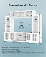 Tatub Large Wall Unit Entertainment Center with Storage, Modern TV Entertainment Center with Bookshelves and Bridge Cabinet, Living Room Tall Bookshelf with Storage, 65.7" Wide for TV Placement, White Tatub