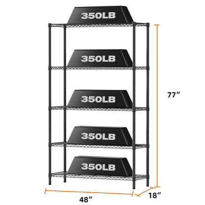 SINGAYE 5 Tier Storage Shelves Garage Shelving Wire Shelf 1750lbs Heavy Duty Storage Shelving Adjustable Shelf Metal Shelf Unit Black 48" W x 18" D x 77" H