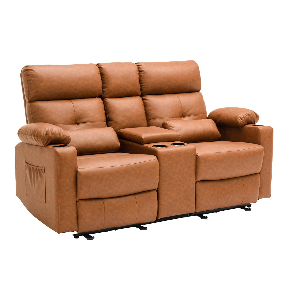 PALLOME Power Loveseat Recliner Sofa with Console, Loveseat Reclining Sofa with Heat & Massage, Home Theater Seating with Lumbar Pillow for Living Room, RV Recliner Loveseat(PU, Yellowish Brown) PALLOME
