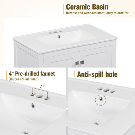 30" Bathroom Vanity with Sink 30 Inch Bathroom Vanity with Top, 2 Doors and a Drawer, Soft Closing, Modern Bathroom Vanity with Sink 30" for Bathroom No Mirror (White) Mirightone