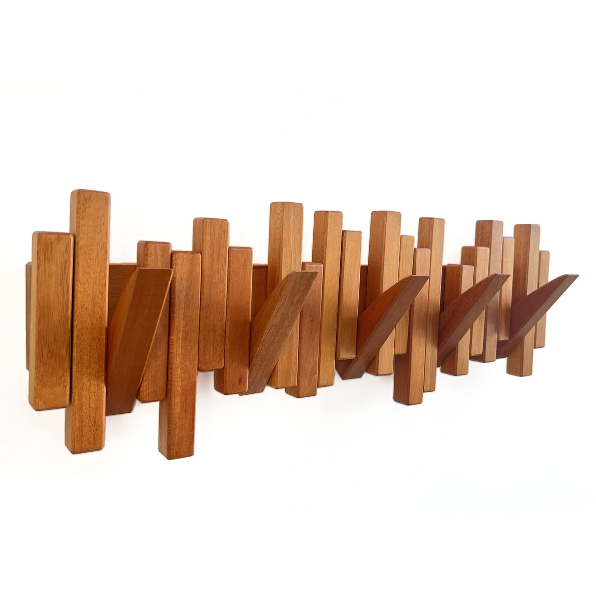 Acsigesn Wooden Coat Rack Wall Mounted Sticks Multi Rack Solid Handmade Natural Cherry Wood Artwork with 5 Flip-Down Unique Modern Hooks for Coats Bag Hat Umbrella Acsigesn