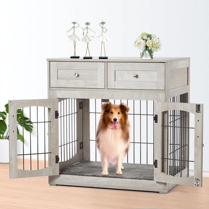 Dog Crate Furniture with 3 Doors,39.4" Large Dog Crate with 2 Drawer & Cushion,Wooden Dog House Kennel for Medium/Large Dog,Dog Crate Table Up to 130 lbs,Indoor End Table Dog House - WoodArtSupply