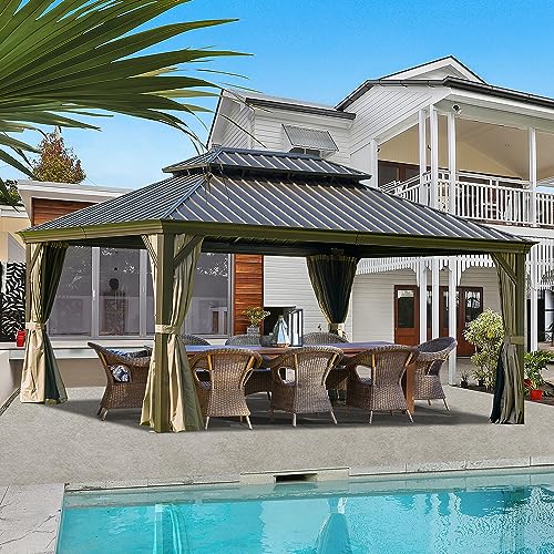 12' x 16' Hardtop Gazebo Outdoor Aluminum Gazebos Grill with Galvanized Steel Double Canopy for Patios Deck Backyard,Curtains&Netting by domi outdoor living Brown domi outdoor living