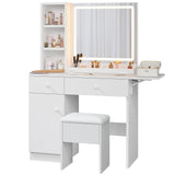 Haewon Makeup Vanity Desk with Mirror and Lights, White Vanity Table with Power Outlet and 3 Lighting Modes, Dressing Table Set with Cabinet Drawers Shelves and Storage Stool for Bedroom Haewon