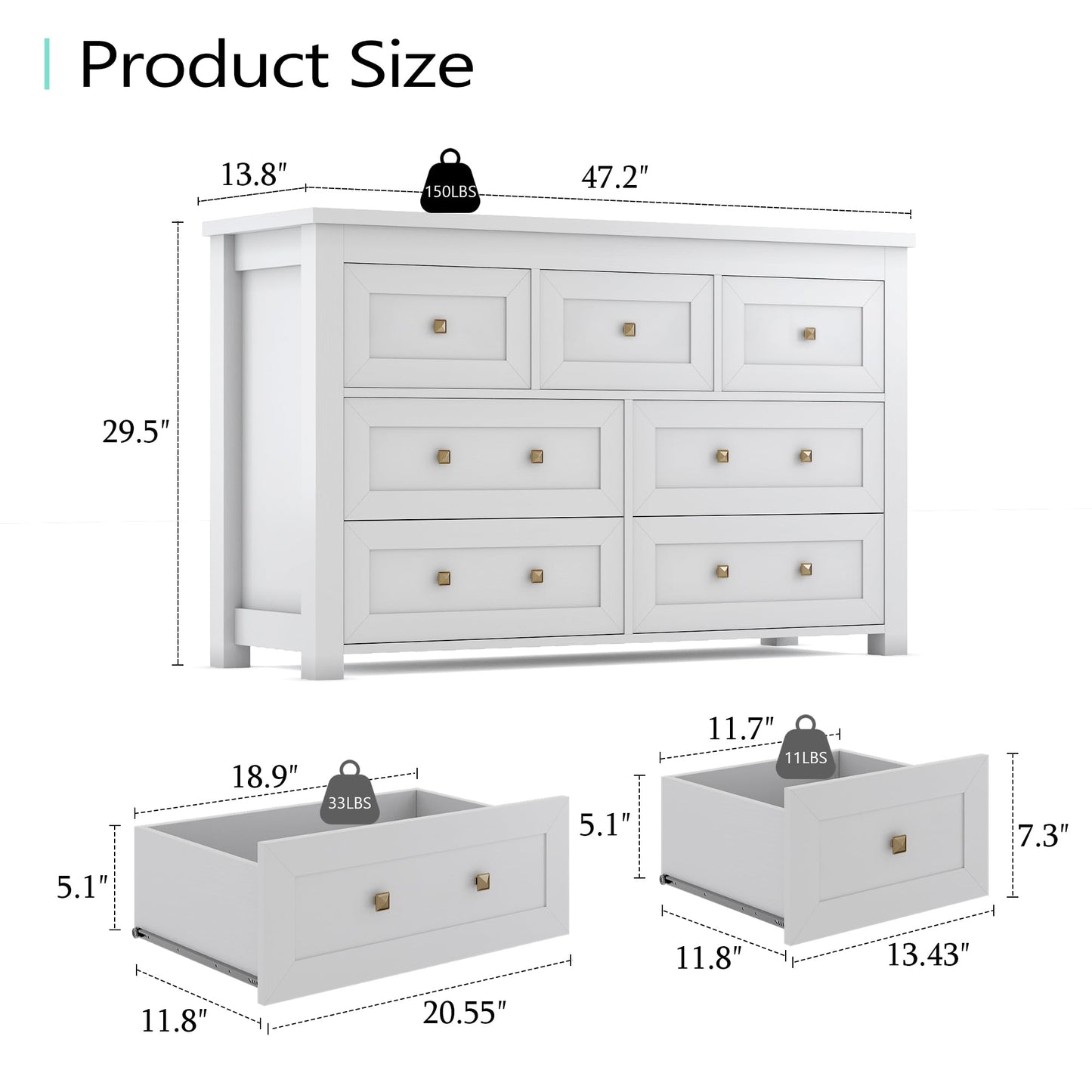 Dresser for Bedroom with 7 Drawers, Farmhouse Wood Chest of Drawers, Wide TV Stand Closet Storage Furniture with Metal Handle, Modern Clothes Organizer for Hallway, Living Room, Entryway, Whi - WoodArtSupply