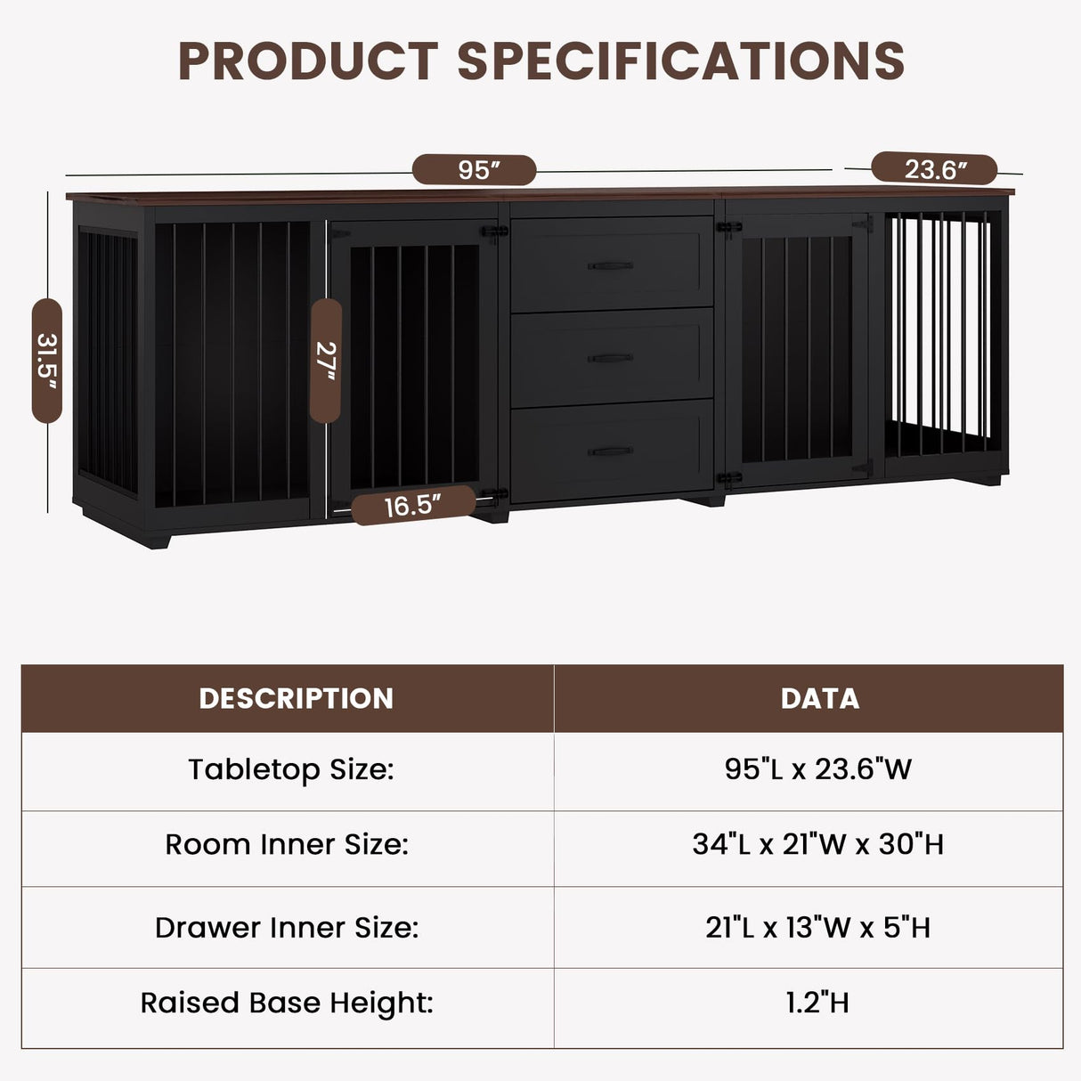 Furniture Style Dog Crate - Farmhouse Wooden Dog Kennel Furniture with 3 Drawer, Double Doors with Locks, 95"x23"x32"H, Black MOWPEX