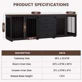 Furniture Style Dog Crate - Farmhouse Wooden Dog Kennel Furniture with 3 Drawer, Double Doors with Locks, 95"x23"x32"H, Black MOWPEX
