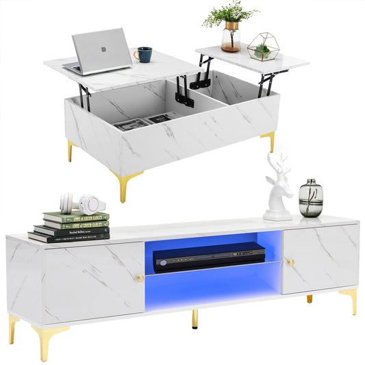 COSVALVE Marble White Table Set, includes LED TV Stand and Lift Top Coffee Table for Living Room, Entertainment Center with Storage Cabinet