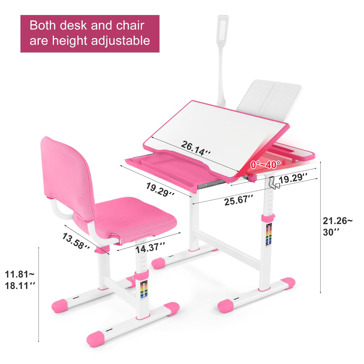 Artist hand Kids Study Table and Chair Set,Adjustable Girls School Writing Study Table,with Large Writing Board LED Pull Out Drawer Pencil Case Bookstand,Pink Artist hand