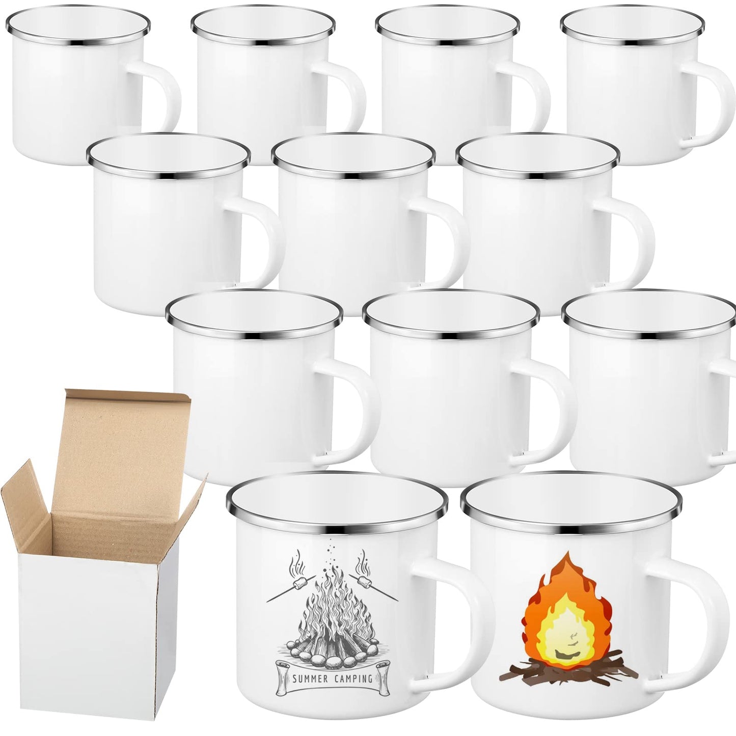 12 Pack Christmas Sublimation White Blanks Enamel Coffee Mug Set,12 oz Camping Outdoor Tea Camp Drinking Cups Travel Metal Skinny Mug with Silver Rim for Xmas Party Gifts Picnic Office Home Use