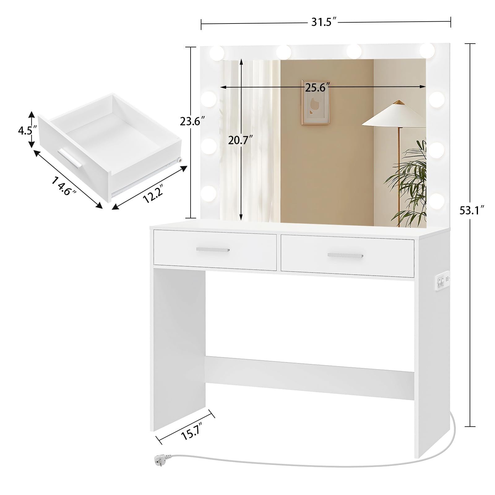 usikey Vanity Desk with Large Lighted Mirror, Makeup Vanity with 10 Lights, 2 Drawers & Power Strip, Vanity Desk Set, Dressing Vanity Tables for Women Girls, Bedroom, White - WoodArtSupply