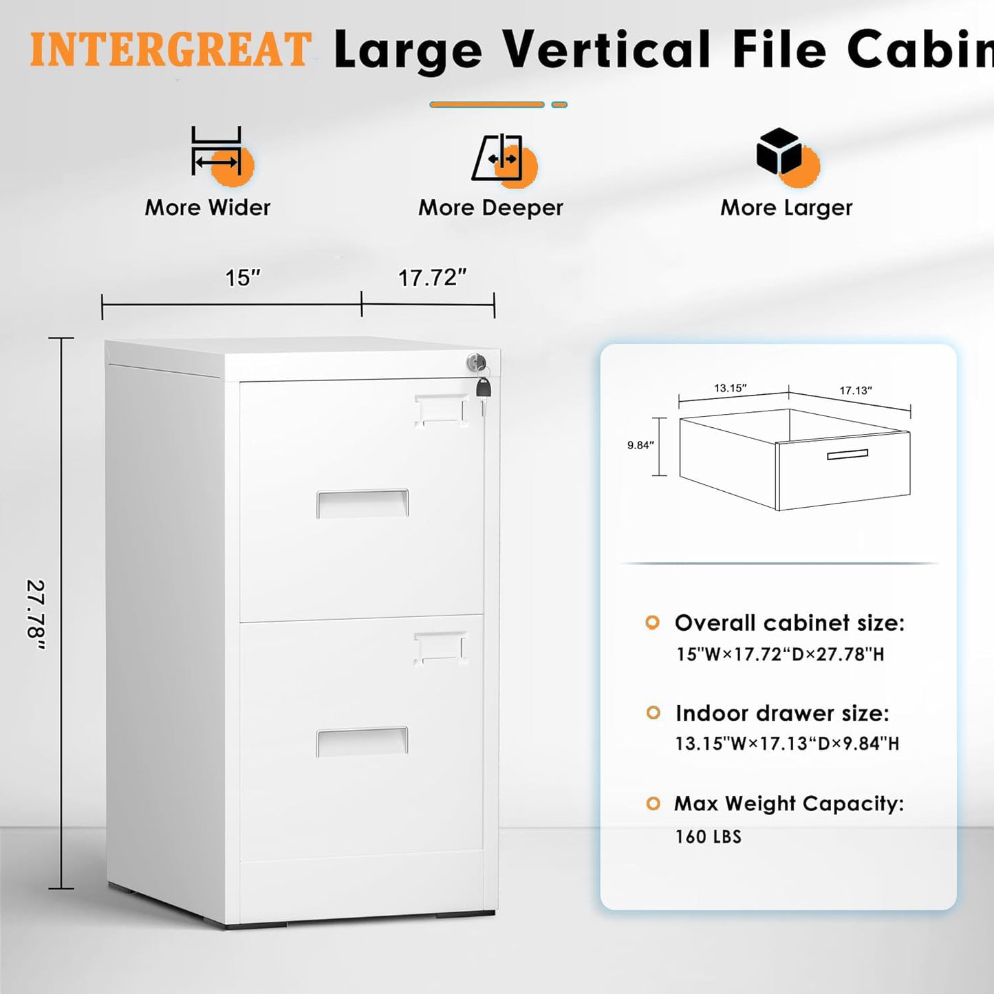 INTERGREAT 2 Drawer File Cabinet, White Metal Filing Cabinet with Lock, Lockable Narrow Storage Cabinet with 4 Adjustable Hanging Rods for Home Office - WoodArtSupply