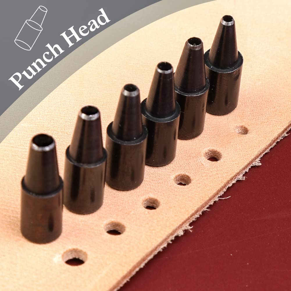 TLKKUE Adjustable Leather Hole Punching Tool Automatic Puncher with Wooden Handle Hollow Hole Punch with 6 Tips Size (1.5mm/2mm/2.5mm/3mm/3.5mm/4mm) for Leather Belt, Bag, Wristband TLKKUE