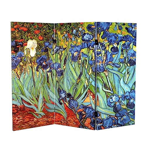 Red Lantern 3 ft. Short Double Sided Works of Van Gogh Canvas Folding Screen Irises/Starry Night Over Rhone 3 Panel Freestanding Partition and Separator for Modern and Contemporary Bedroom Home Office Red Lantern