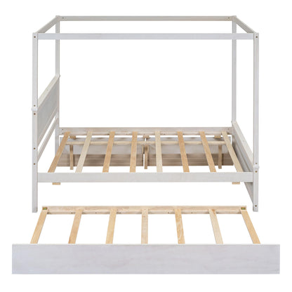 BOVZA Full Size Wooden Canopy Bed with Trundle and 2 Storage Drawers, 4-Post Platform Bed Frame with Headboard, No Box Spring Needed, Brushed White