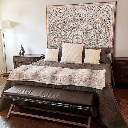 King Wood Headboard Rustic | Carved Full Headboard Only | Wooden Headboard Full Size Bed | Wall Mount Headboard King | Full Bed Headboard Panels (Manusa Antic, Cal King) - WoodArtSupply