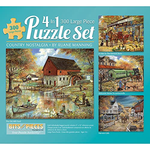Bits and Pieces – 4-in-1 Multi-Pack 300 Piece Jigsaw Puzzles for Adults – Country Pond Harvest Café Home General Store Jigsaw Puzzles by Artist Ruane Manning, Completed Puzzle Size: 16" x 20" Bits and Pieces