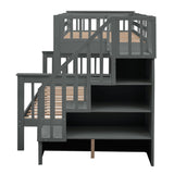 Morhome Twin-Over-Full Bunk Bed with Trundle, Storage Stairs, and Full-Length Guard Rail Morhome
