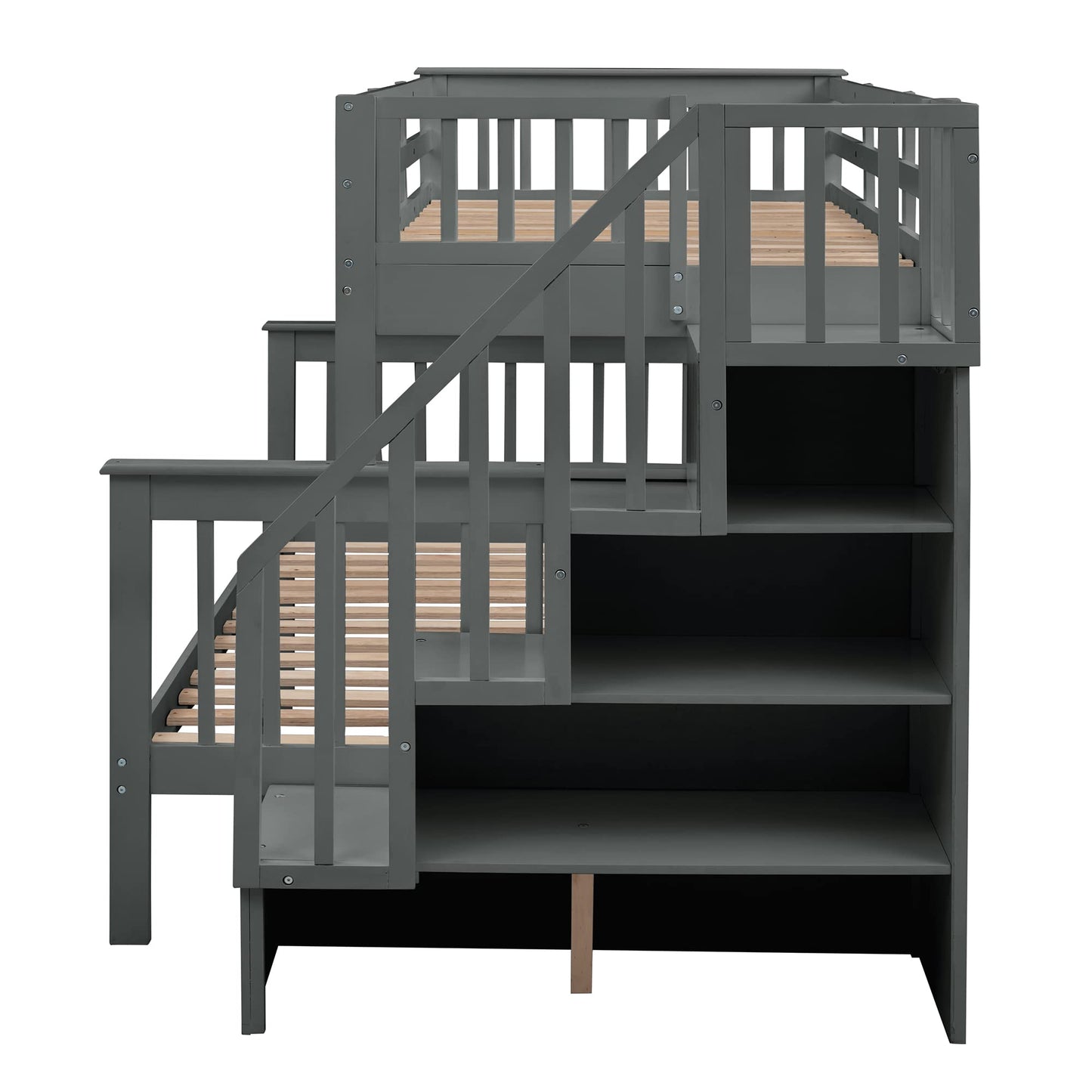 MERITLINE Twin Over Full Bunk Bed with Twin Size Trundle, Wooden Bunk Bed with Stairway, Storage and Guard Rail for Kids, Adults (Gray)