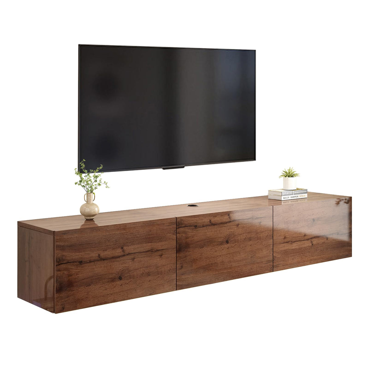 AMERLIFE 70" Floating TV Stand with LED Lights and Power Outlet, High Gloss Wooden Texture Wall Mounted Entertainment Center with Doors, Media Console for TVs Up to 80", Espresso AMERLIFE