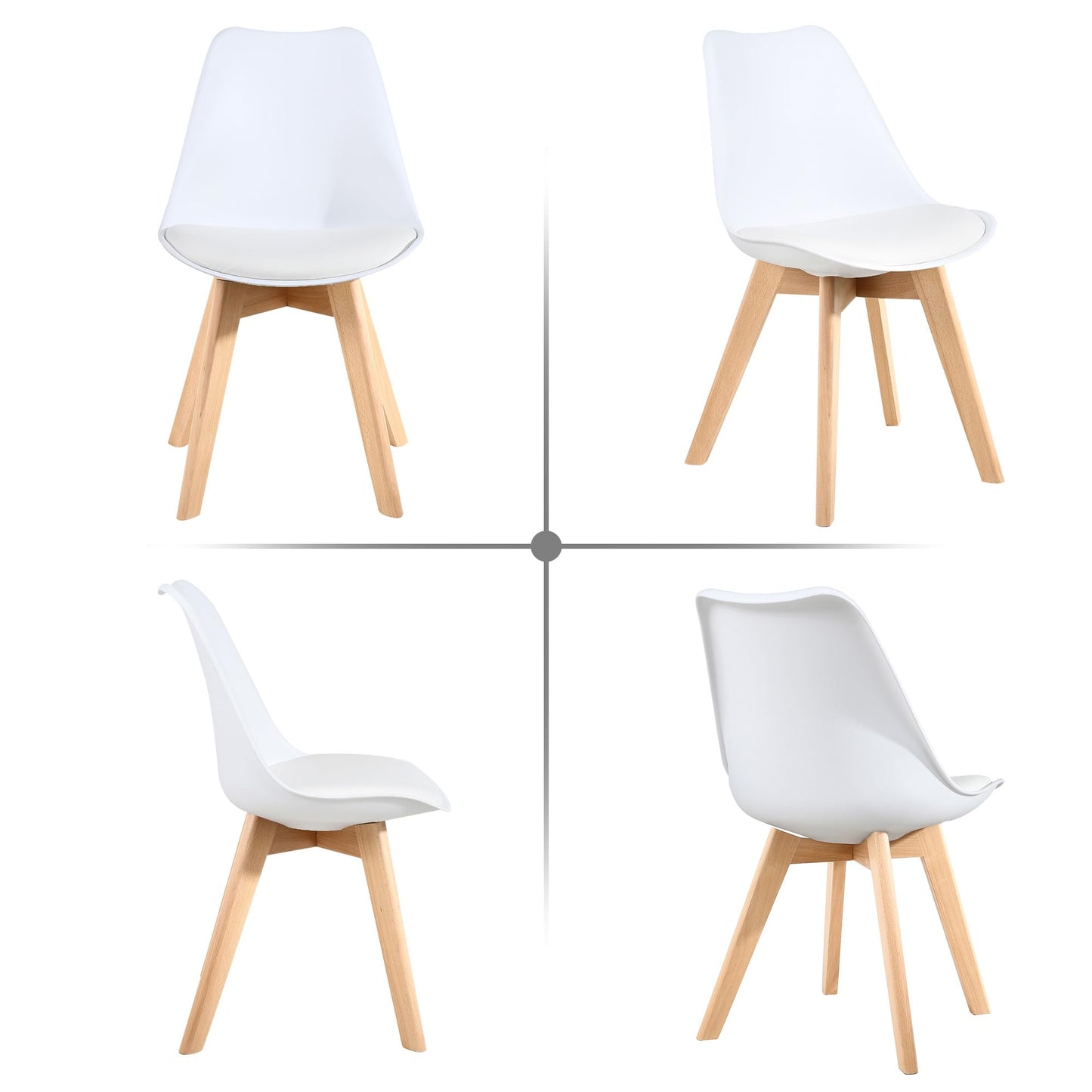 LSSBOUGHT Mid Century Modern Dining Chairs, Shell Lounge Plastic Desk Chair Side Chair with Soft Padded and Wooden Legs for Dining Room Living Room Bedroom Kitchen Set of 2 (White)