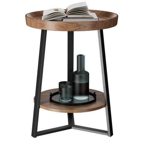 Gadroad Round End Table with Storage Shelf, 2 Tier Farmhouse Side Table Nightstand for Living Room, Bedroom, Wood Tabletop & Black Metal Frame, Brown 15.7 * 15.7 * 23.0inches Gadroad