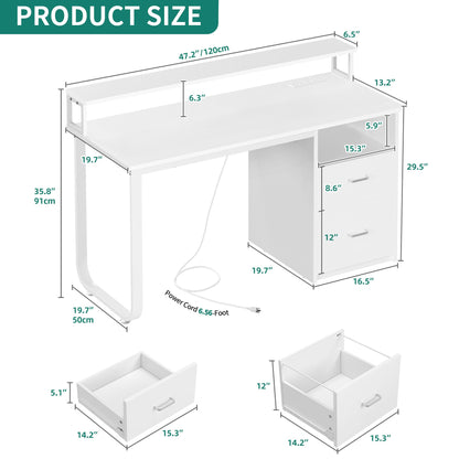 YITAHOME Computer Desk with Drawers, 47.2" Office Desk with Power Outlets & LED Light, Home Office Desk with Storage Shelves, White