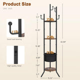 Hoctieon Coat Rack Freestanding, Round Coat Rack with 3 Wooden Shelves and 1 Fabric Basket, Metal Clothes Tree with 5 Hooks, Coat Hanger Stand for Clothes, Hats, Bags, Brown and Black Hoctieon