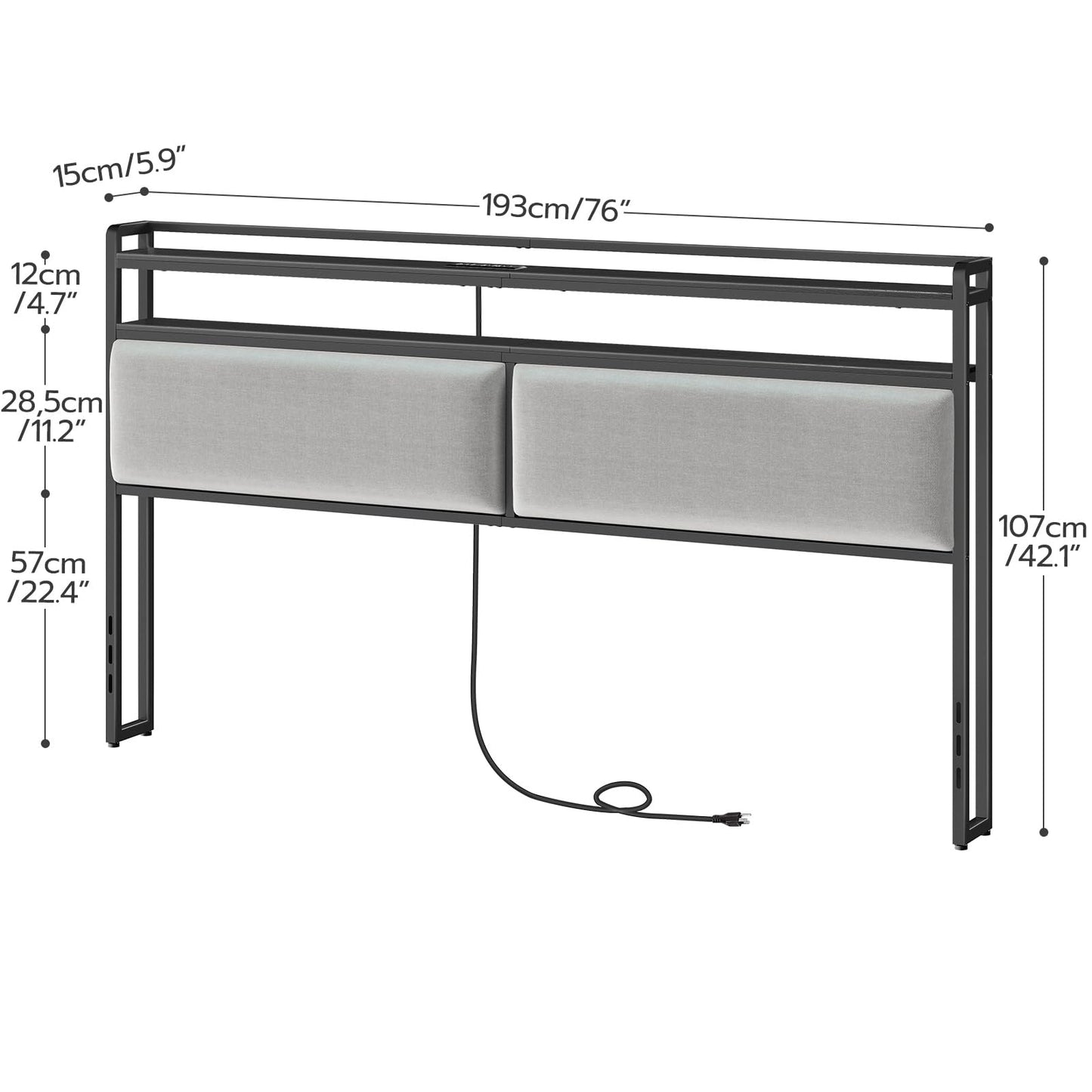 HOOBRO King Size Upholstered Headboard, Storage Headboard with Charging Station and Adjustable LED Lights, 2 Standard Outlets and 2 USB Ports, King Headboard Only, Easy Assembly, Black and Gr - WoodArtSupply