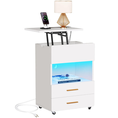 YITAHOME LED Nightstand with Charging Station,White Night Stand with Reversible Lift Top, Mobile Bedside Tables with 2 Drawer YITAHOME