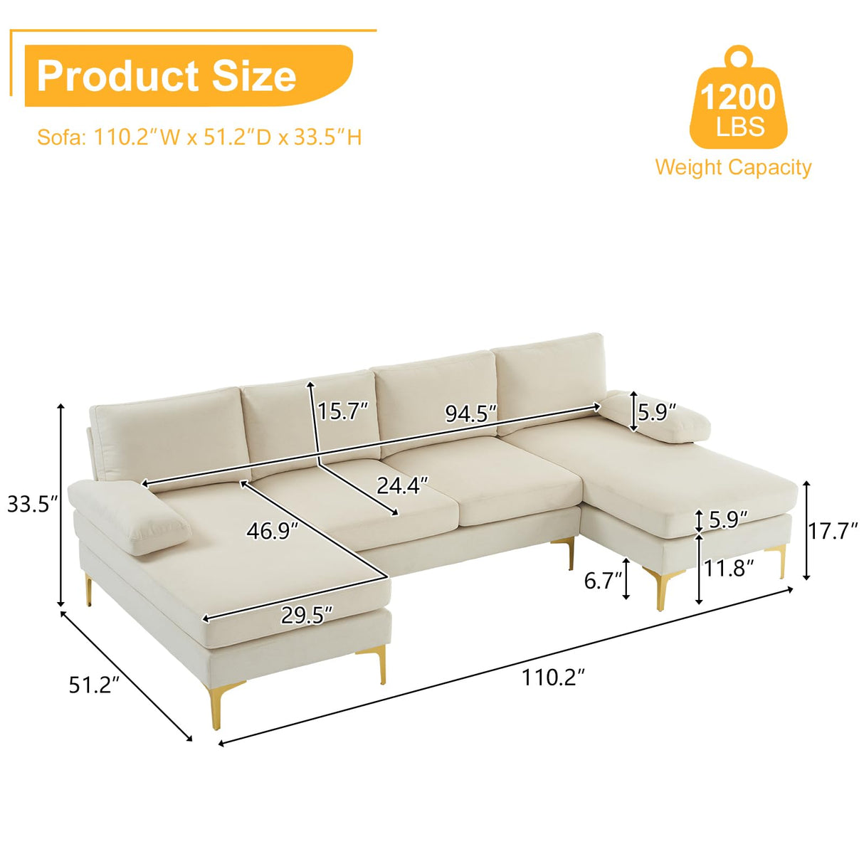 Karl home Convertible Sectional Sofa 110" U-Shape Sofa Couch 4-Seat Couch with Chaise Fabric Upholstered for Living Room, Apartment, Office, Beige Karl home