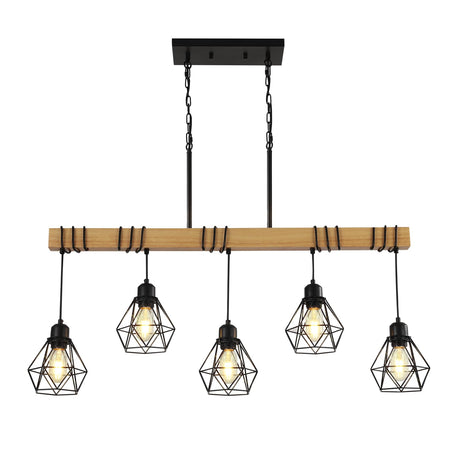 5-Light Kitchen Island Lighting,Modern Chandelier Over Table, Dining Room Light Fixture Hanging for Modern Farmhouse Linear Chandeliers Black Rustic Wood Ceiling Pendant Light Fixtures LmnLvn