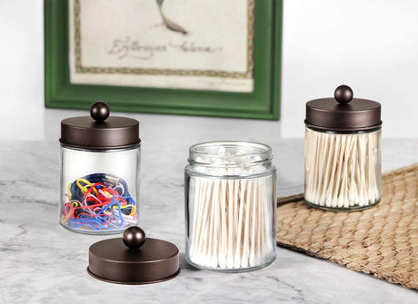 Amolliar Apothecary Jars Bathroom Storage Organizer - Cute Qtip Dispenser Holder Vanity Canister Jar Glass with Lid for Cotton Swabs,Rounds,Bath Salts,Makeup Sponges,Hair Accessories/Bronze (2 Pack) Amolliar
