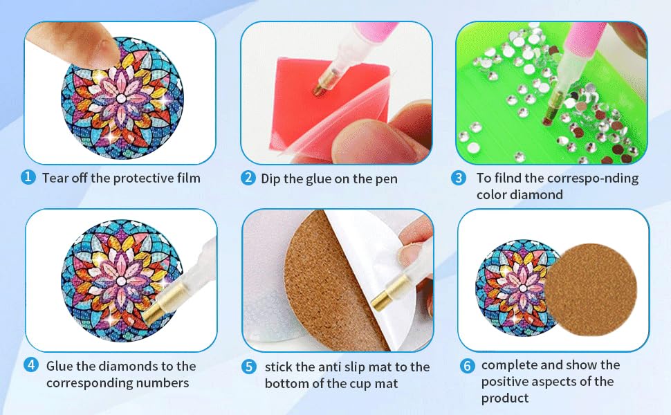 Puraikcmi 6pcs DIY Mandala Diamond Art Painting Kits Coasters with Holder, Diamond Art Coasters Adults Beginners, Flower Diamond Art Crafts Supplies Puraikcmi