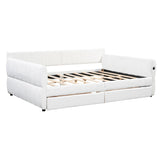 KALALLA Upholstered Queen Size Daybed Frame with Drawers and USB Port, Day Bed with Underneath Storage, Wooden Slats Support, No Box Spring Required, Adults Kids, White KALALLA